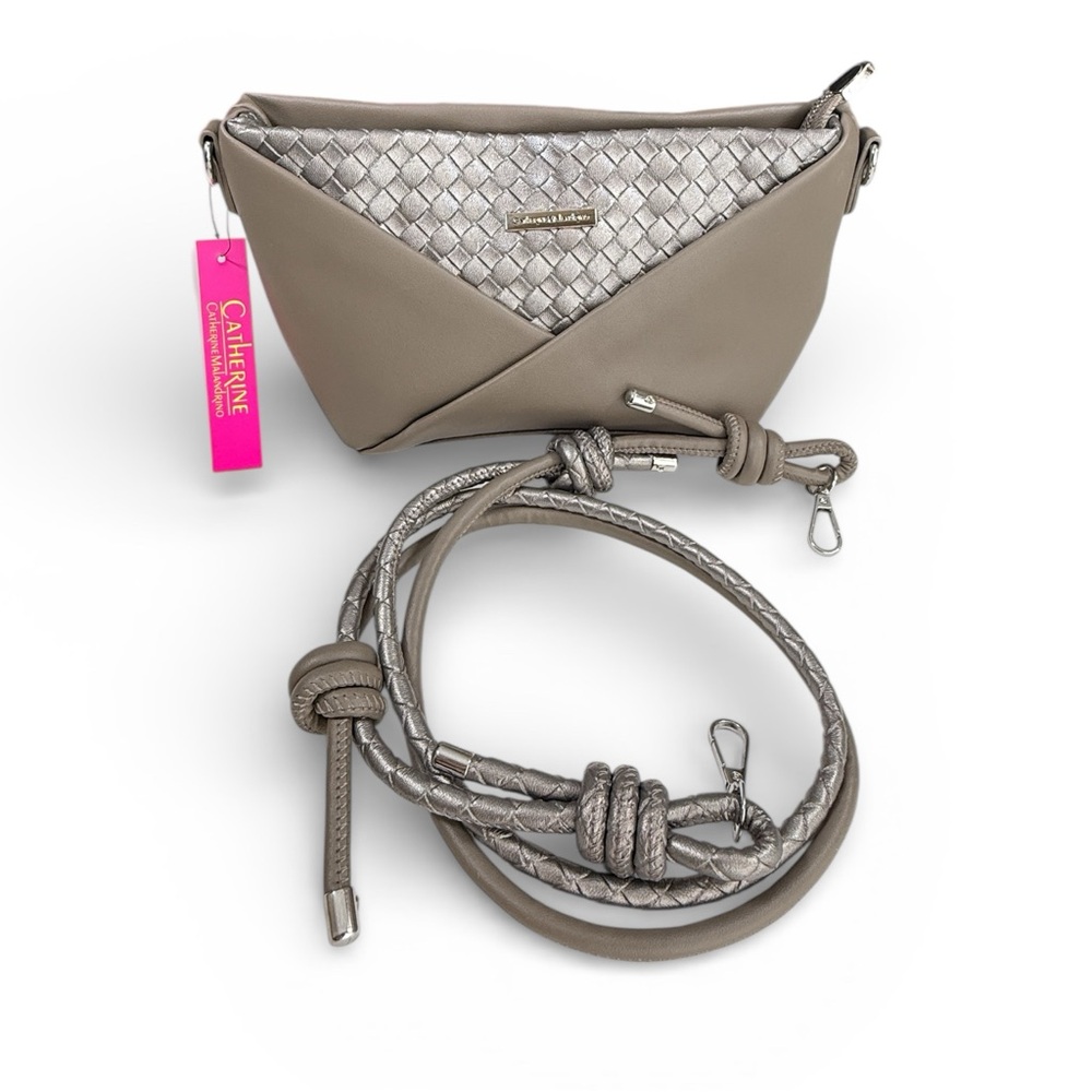 NWT Catherine Malandrino Taupe/Beige Crossbody Bag/ Silver/Metallic Panel